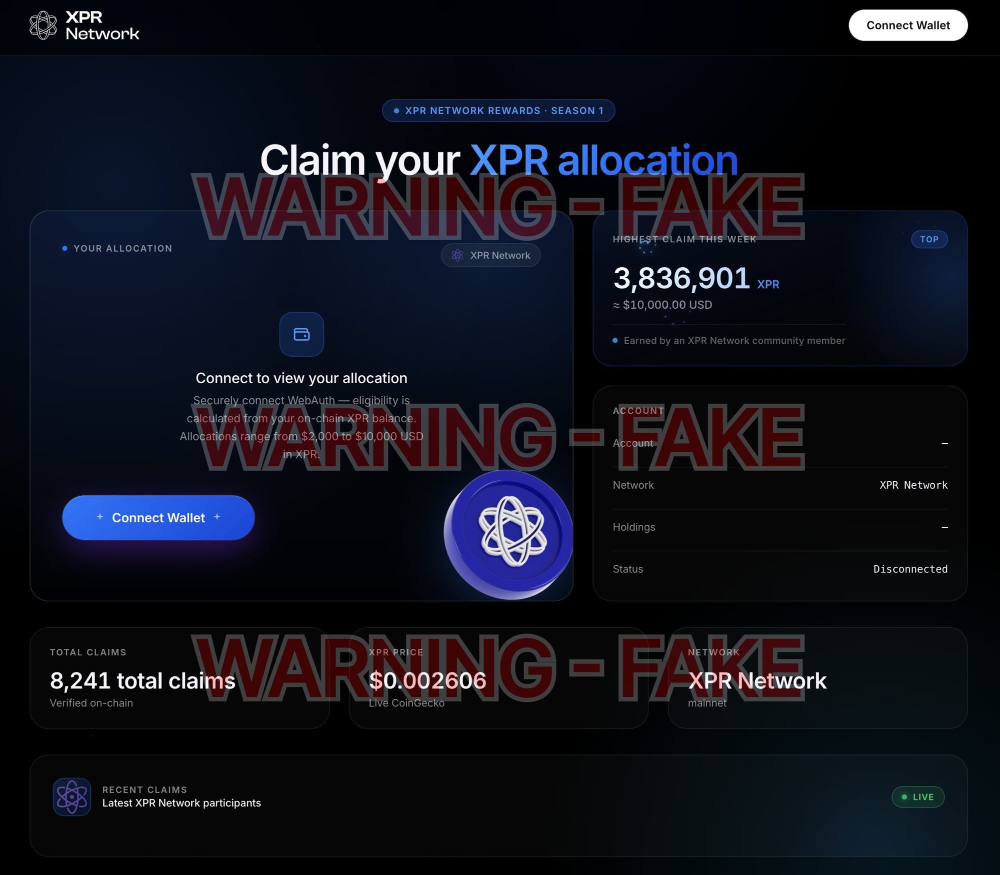 The fake xprdrop.com phishing site, marked as fake